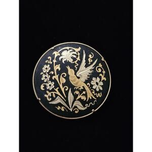 Vintage Damascene Toledo Gold Spain Round Bird Trombone Clasp Brooch
